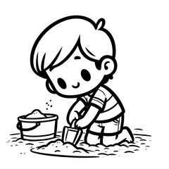 Obraz premium Boy playing in sand with bucket and shovel on white background