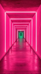 Symmetrical pink corridor illuminated by a neon green glow at the end.