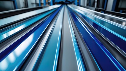 Metal sheets undergo a coating process, showcasing blue reflections in an industrial environment.