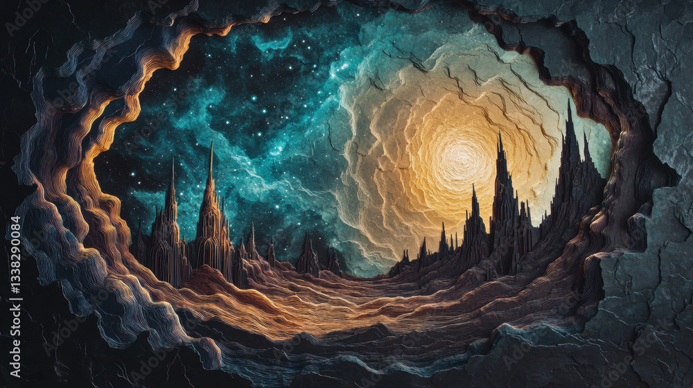 Poster mystical landscape featuring nebula like sky with swirling colors and towering spires, evoking sense