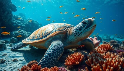 Obraz premium Majestic Sea Turtle Grazes on Vibrant Coral Reef, Surrounded by a School of Small Fish in a Crystal-Clear Ocean