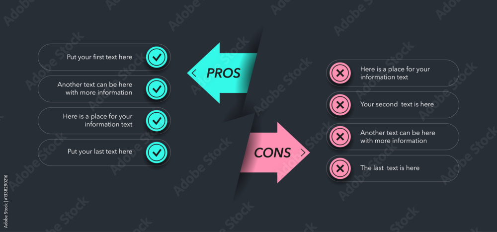 Poster modern pros and cons diagram with place for your content - dark version. simple flat template for po