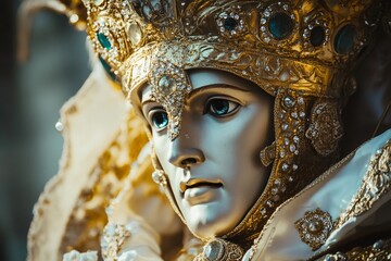 Close up of a majestic royal figure wearing an ornate golden mask with striking alexandrite eyes, exuding regality and mystery