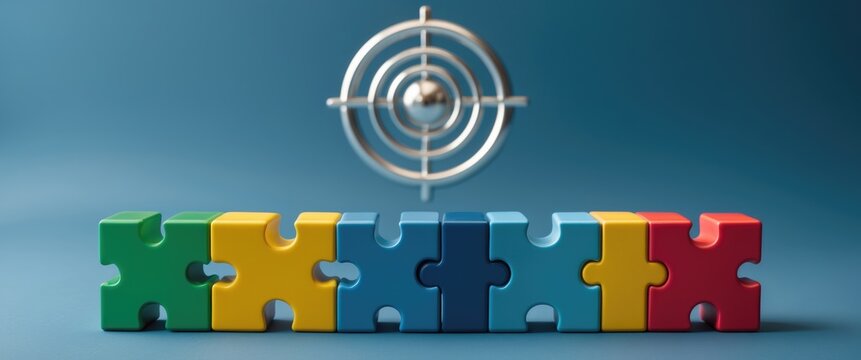 Four jigsaw puzzle pieces in various colors are assembled flawlessly with a target icon in the background, minimalist style. Concepts of business partnership, teamwork, diversity, unity, and collab...