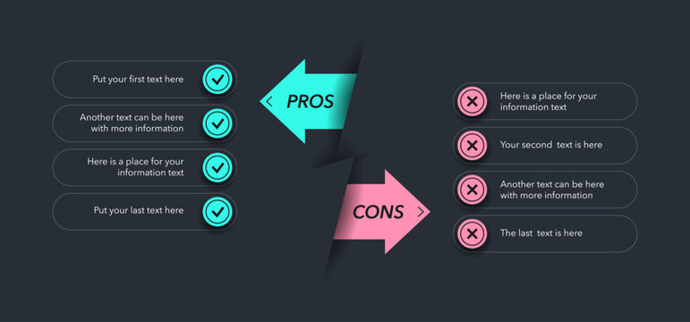 Modern pros and cons diagram with place for your content - dark version. Simple flat template for positive and negative comparison.