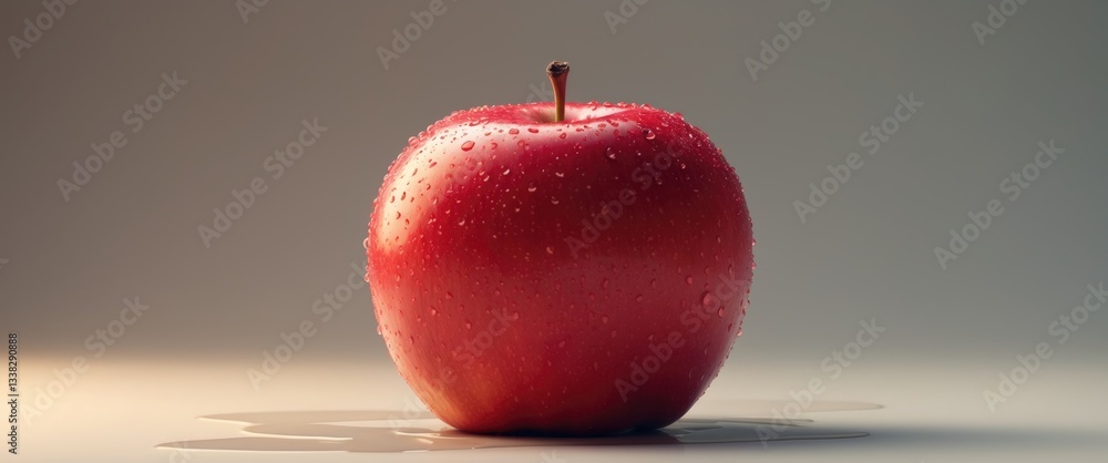 Poster Close-up of a shiny, red apple with a smooth surface, isolated against a clean backdrop. Ideal for concepts related to healthy food or organic produce.