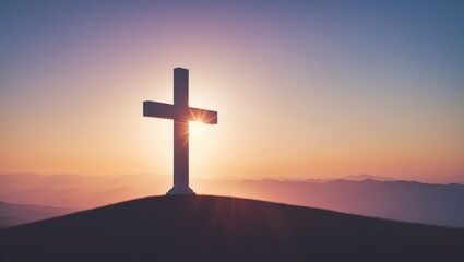 Easter Religious concept featuring the cross against a sunset backdrop.