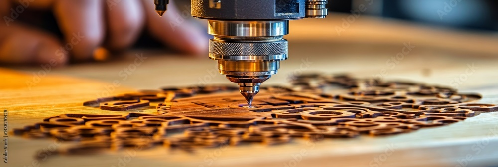 Poster cnc router head carving intricate design in wood, showcasing technological precision.