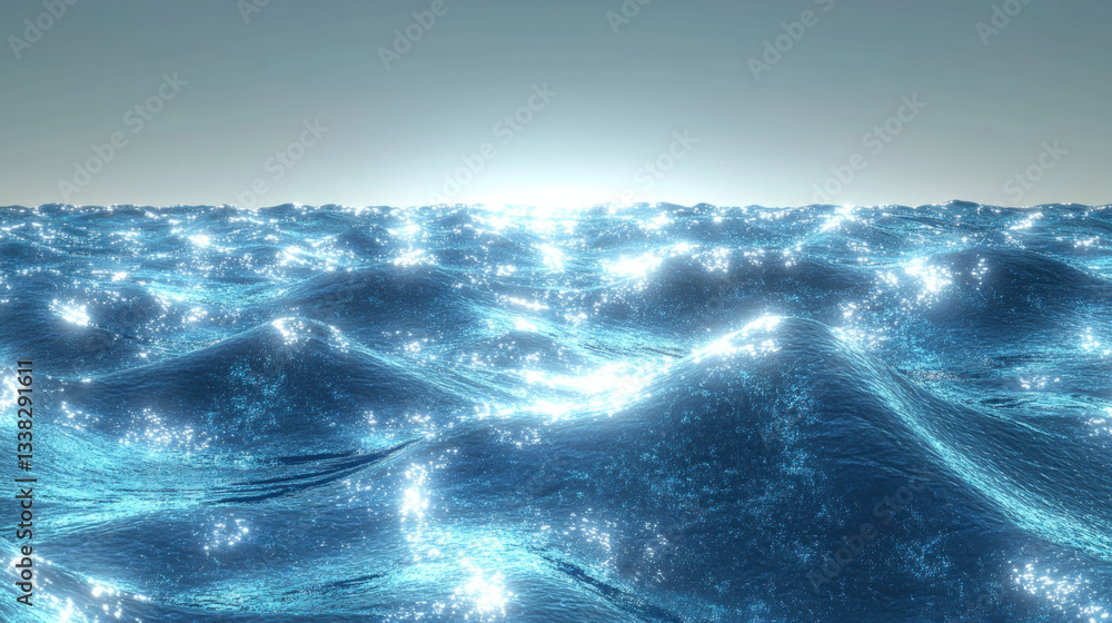 Poster serene ocean scene with shimmering waves reflecting sunlight, creating tranquil and mesmerizing atmo