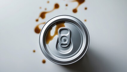 Obraz premium Top view of an open beverage can lid featuring a pull tab against a white backdrop, ideal for refreshment, packaging, and beverage industry ideas, with coffee stains visible on the top of the can.
