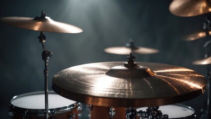 Close-up view of a drum set in a dimly lit room with spotlighting. Atmospheric setting representing the act of drumming. Copper plates on a cool backdrop.