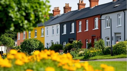 Colorful row of houses with gardens