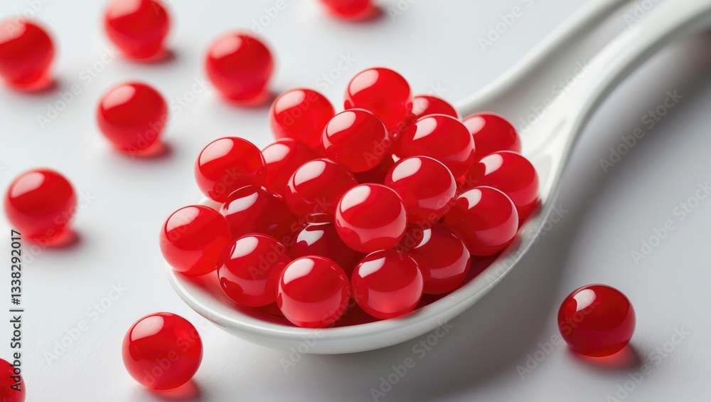 Poster red tapioca pearls for bubble tea displayed on a white background. tapioca pearls on a ceramic spoon