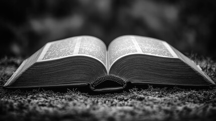 Open Black and White Book on Mossy Surface Evoking Knowledge and Elegance. Generative AI