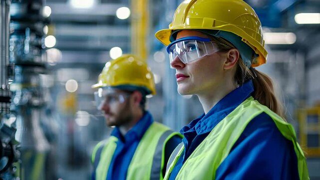 Two factory workers, one female, wearing hard hats and safety glasses, looking ahead in workplace.