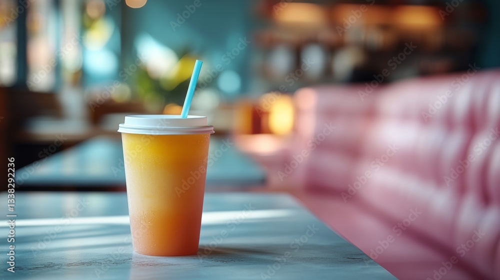 Poster A vibrant drink sits on a marble table in a lively cafe, illuminated by natural light streaming through the windows, creating a warm and inviting atmosphere.