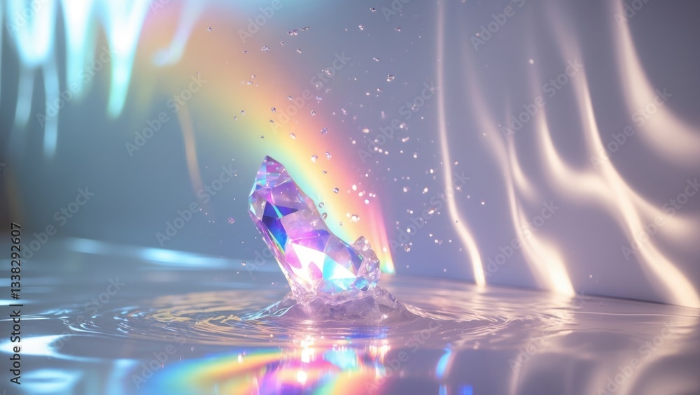 Poster Blurred Prism Light Overlay Flare Background. Ethereal surreal rainbow crystal light refraction texture overlay. Organic drop holographic flare on a surface. Water shadows creating natural light ef...
