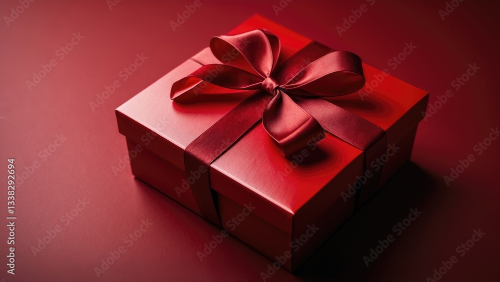 Poster gift box in red color placed on a dark red background.