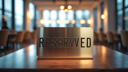 Reserved sign on a table with bokeh effect, reservation service, copy space available.
