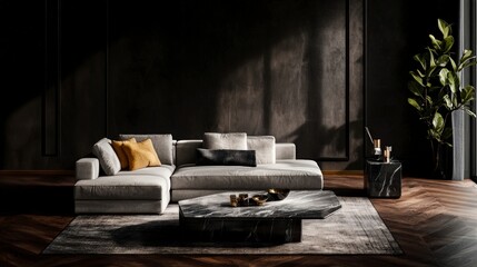 Modern Gray Sectional Sofa  Dark Living Room Interior Design