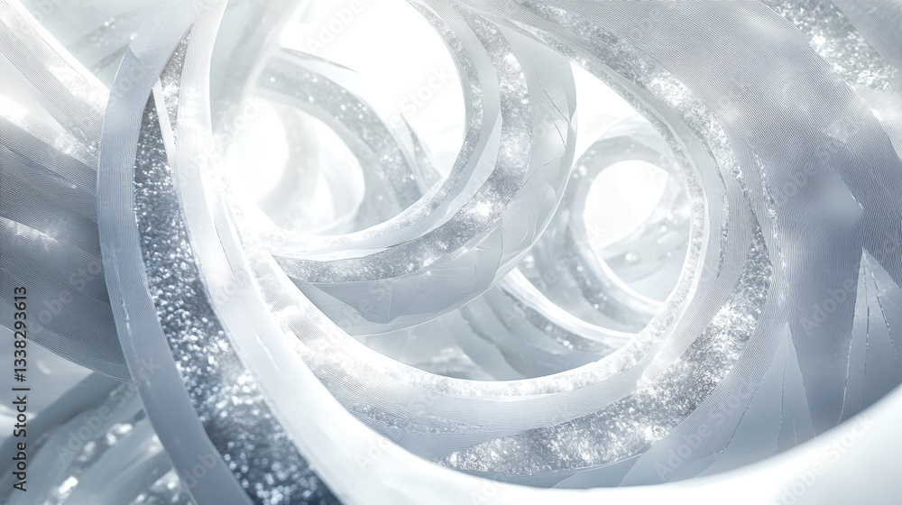 Poster mesmerizing abstract image featuring intertwined, luminous silver and white ribbons creating dynamic