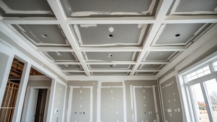 Laid gypsum plaster on the walls and ceiling to prepare drywall seams for painting a newly constructed house.