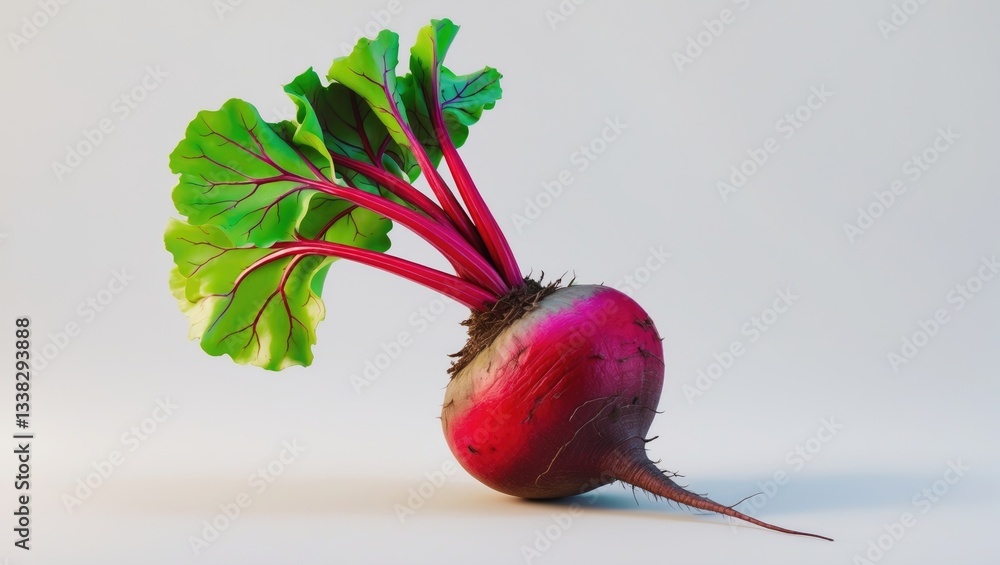 Poster red beetroot with leaf detached on a white backdrop, fresh beetroot separated on white surface.