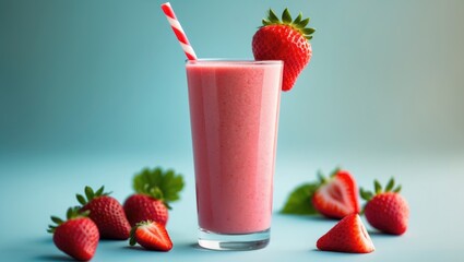 Delicious strawberry smoothie in a tall glass against a light blue backdrop.
