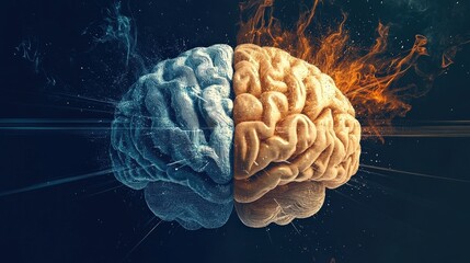 This captivating image features a brain split in half, one side depicted in cool blue tones, while the other side radiates fiery orange, representing contrasting emotions and thoughts.