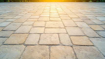 Fototapeta premium beautiful travertine stone paved yard illuminated by warm sunlight, showcasing textured surface and natural colors. serene atmosphere invites relaxation and outdoor enjoyment