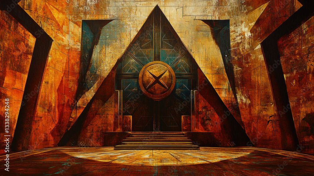 Poster grand, abstract architectural scene features triangular structure with circular emblem at its center