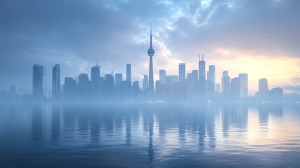 Fototapeta premium Misty cityscape skyline at sunrise. Tranquil urban scene reflecting in still water