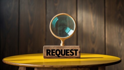 Request word viewed through a magnifying glass on a wooden surface. The magnifying glass is installed on a wooden base placed on a yellow tabletop.
