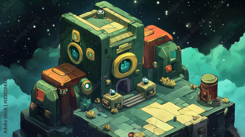 Poster futuristic fortress floats in space, featuring blocky design with glowing elements and cosmic surrou