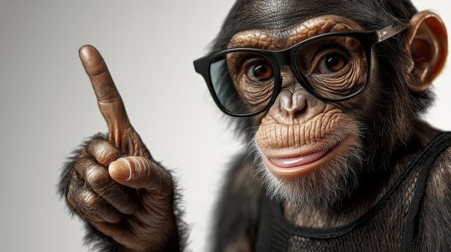 This humorous image features a smart-looking monkey wearing glasses, pointing its finger as if sharing knowledge, showcasing the whimsical fusion of animals and intelligence. - Powered by Adobe