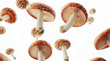 A bunch of red mushrooms are flying through the air. The mushrooms are all different sizes and are scattered throughout the image. Scene is whimsical and playful
