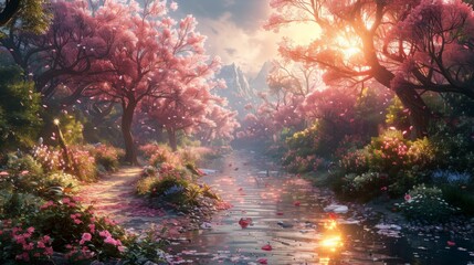A beautiful forest with pink trees and a river