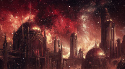 Naklejka premium majestic starlit observatory stands against cosmic backdrop, with intricate domes and towers illuminated by celestial glow, evoking sense of wonder and exploration