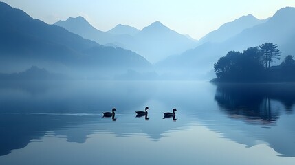 Serene Lake Reflecting Glowing Mountain Shadows with Wild Ducks Gliding Across the Calm Water