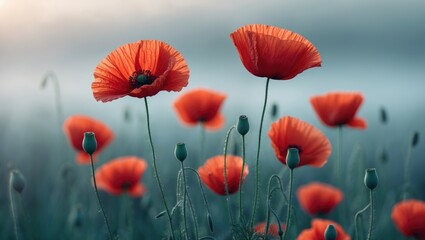 Fototapeta premium Red poppy flowers on a gray background, isolated.