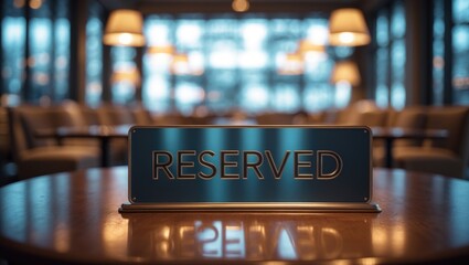 Reserved sign on a table with bokeh effect, service for reservations, space for text.