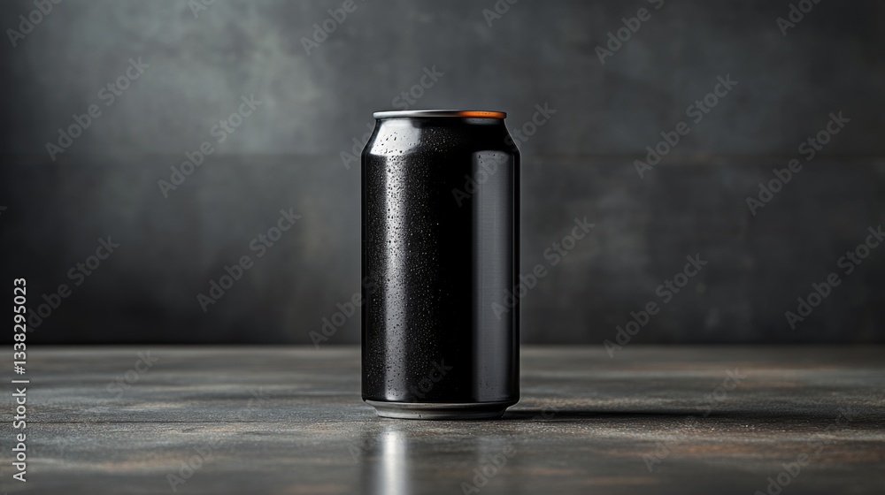 Poster a sleek black beverage can stands upright on a textured gray surface, adorned with water droplets th