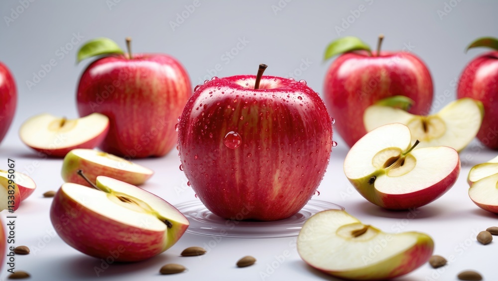 Poster Red apple with a water drop and a collection of slices isolated on a white background. Clipping path.