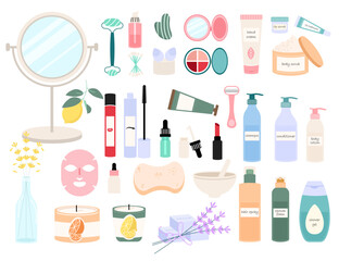 Collection of Cosmetic skincare.  Cosmetic bottles, tubes, face massagers, mascara, lipstick, mirror, lemon, soap, and candles. Skincare vector set. Isolated on a white 