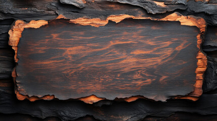 Rustic wooden sign with textured dark surface and burnt edges, perfect for presentations or decorative purposes. unique design adds warm, natural touch to any setting