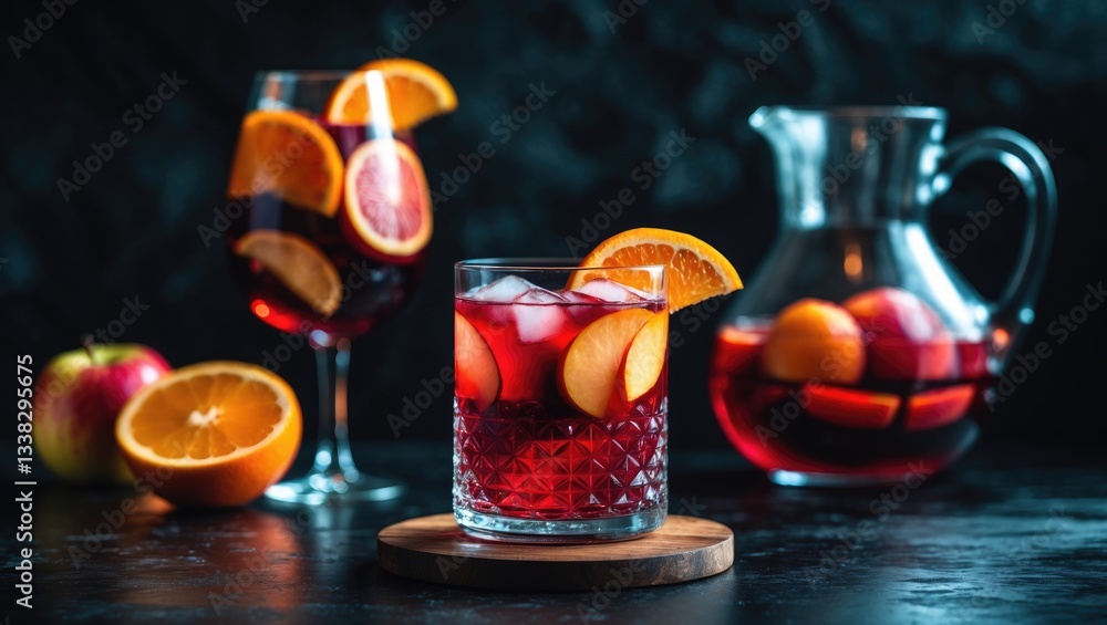Poster refreshing red wine sangria or punch served with fresh fruits in glasses and a pitcher on a dark bac