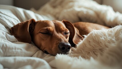 Dachshund curled up and peacefully sleeping in a human bed.