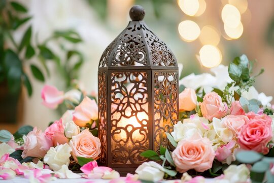 Ornate lantern surrounded by roses and petals creating a romantic and warm ambiance for a special occasionkayum12196@gmail.com