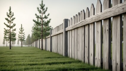 Fototapeta premium Long wooden rural fence made of vertical gray pine panels. Young fir trees are situated on a lawn in front of the fence. Isolated from above.