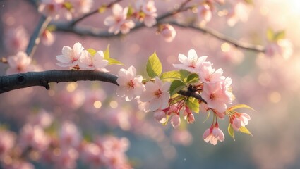 Delicate pink cherry blossoms grace a branch, showcasing the beauty of spring.